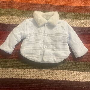 White & Blue Faux Fur Collar Baby Jacket